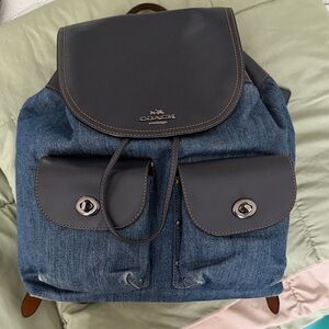 Coach Denim and Black Leather Drawstring Backpack